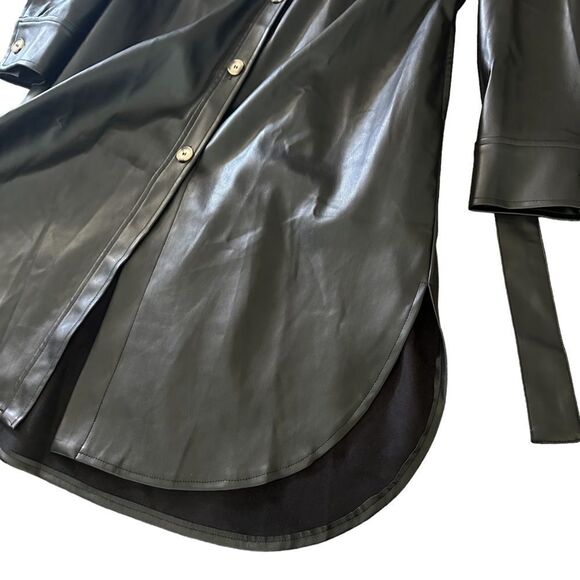 Bohme Black Vegan Leather Button Front Corpcore Goth Fall Midi Dress Jacket - Picture 13 of 13